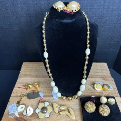 Vintage Monet Gold-Tone & Cream Jewelry Lot - Statement Necklace, Brooches, 10 Pcs