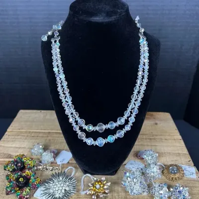 Vintage Costume Jewelry Estate Lot - Signed Laguna AB Crystal Necklace & Brooches