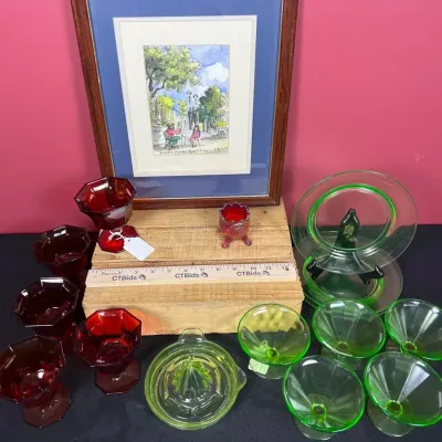 Vintage Glass & Art Estate Lot - Glowing Uranium Glass, Ruby Red Cadmium, Signed P. Mead Painting