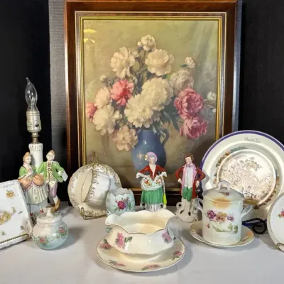 Vintage Japanese Fine Porcelain & Art Lot: Figurines, Plates, Floral Oil Painting
