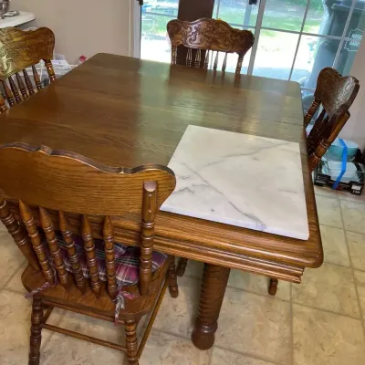 Vintage Solid Wood Dining Table w/ Extension Leaf, 6 Chairs & Marble Slab
