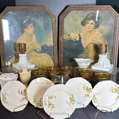 Vintage Portrayal Collection: Antique Framed Prints, Floral Plates, and Amber Glassware