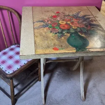 Vintage Floral Decoupage Wooden Drop-Leaf Table Space Saver With Chair