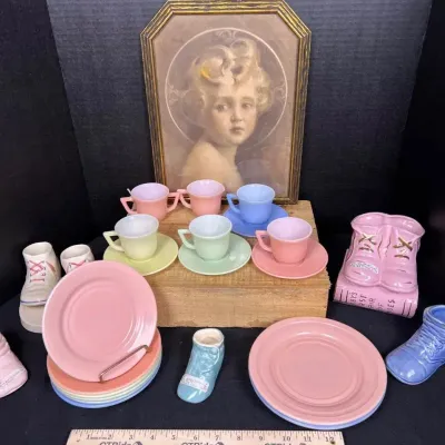 Vintage Estate Lot: Hazel Atlas Little Hostess Tea Set, Pastel Baby Shoe Planters, & Framed Cherub P