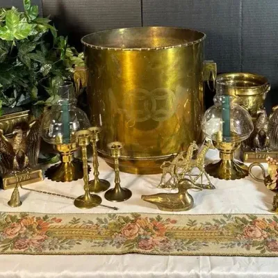 Vintage Brass Decor Lot: Hurricane Lamps, Candlesticks, Large Bucket/pot 