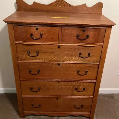 Antique Tiger Oak Serpentine Tallboy Dresser with Shell Carved Splashback