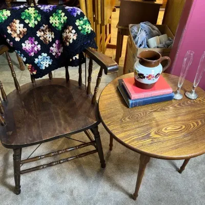 Vintage Wooden Captain's Chair and Round Side Table with Decor Lot