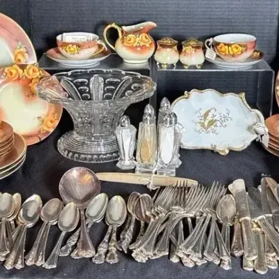 Vintage Tableware Estate Lot: Antique Yellow Rose Porcelain, EAPG Cut Glass, & Silver-Plated Flatwar