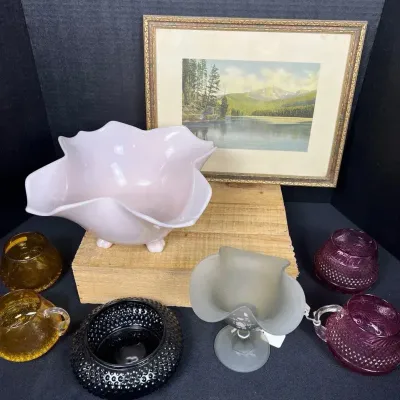 Vintage Art Glass Lot - Cambridge Crown Tuscan, Fenton Satin & More