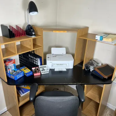 Wooden Corner Desk with Hutch, Canon Printer, and Office Chair