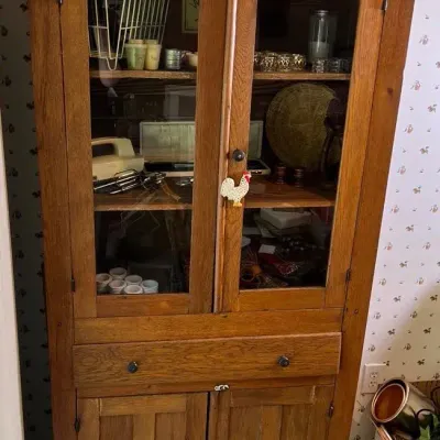Antique Solid Oak Step-Back Hutch - Glass Top Display Cabinet, Drawer & Cupboard