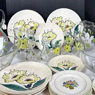 Blue Ridge Pottery Hand-Painted Yellow Floral Dinnerware And Painted Glassware Lot