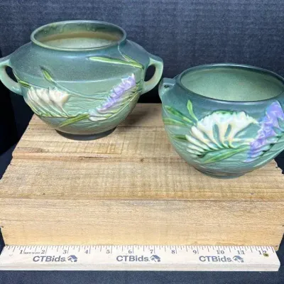 Vintage 1943 Roseville Water Lily Pottery 2-Piece Lot - 8" Planter Bowl (As-Is) & Small Bowl