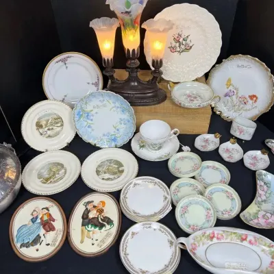 Vintage Victorian Porcelain Estate Lot - Consolidated Candelabra Lamp, Fine China Plates & Tea Set