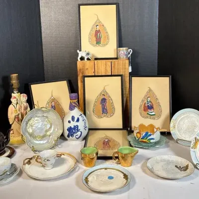 Hand-Painted Peepal Leaf Paintings & Vintage Asian Ceramics Lot