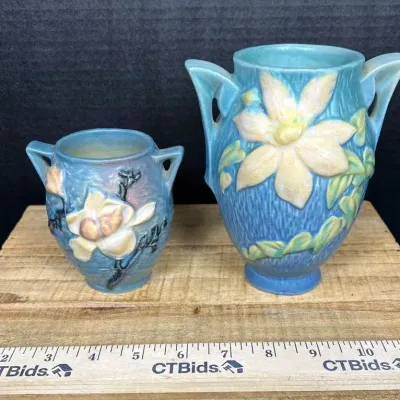 Vintage 1943 Roseville Magnolia Pottery 2-Piece Lot - Blue Matching Vases