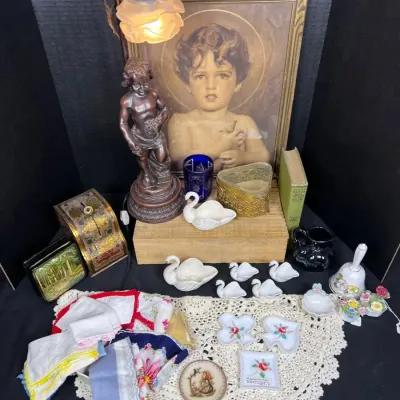 Vintage Estate Lot - Art Nouveau Accent Lamp, Porcelain Swans, Linens & Decor
