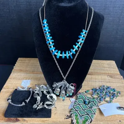 Vintage & Artisan Jewelry Lot - Turquoise, Seed Bead Pouch, Silvertone, 7 Pcs