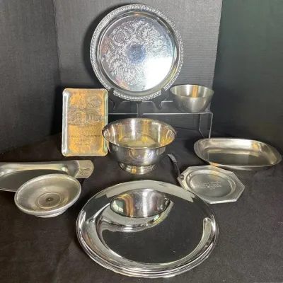 Plated Silver Tone Trays And Bowl 