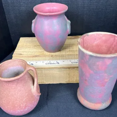 Lot of 3 Vintage Burley Winter Art Pottery Vases - 1930s Matte Mottled Rose & Green Glaze