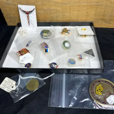 Vintage Military, Patriotic & Civic Lapel Pins & Medallion Lot - 14 Pcs