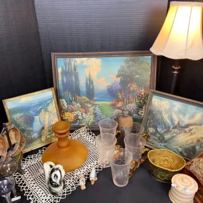 Vintage Estate Decor Lot - Maxfield Parrish Prints, Crackle Glass, Figurines