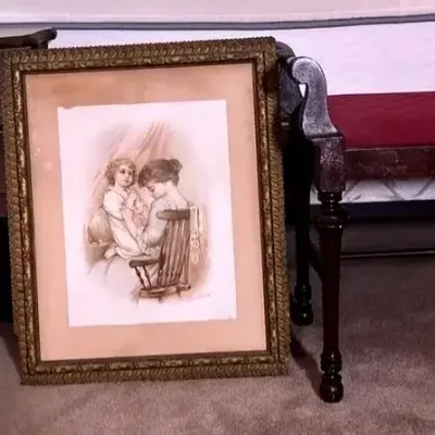 Antique Victorian Walnut Table, Vanity, Bench, Twin Mattress, And Boxspring, And Frame Framed Art Pr