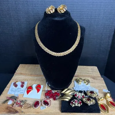 Vintage Monet, Weiss & Trifari Jewelry Lot - Mesh Collar, Red Rhinestones, 13 Pcs