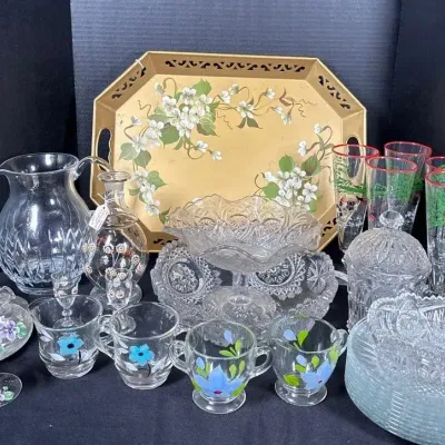 Vintage Clear Crystal Glassware and Hand-Painted Enamel Floral Dish Collection