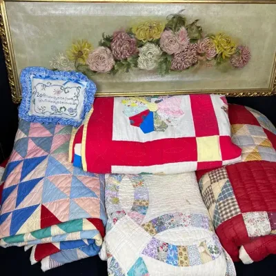Quilt-Tastic Vintage Patchwork Quilt Collection & Framed Floral Fine Art Lot