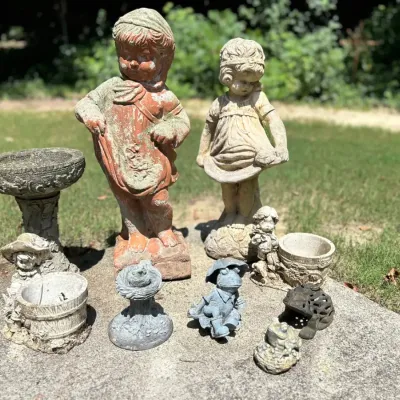 Concrete Garden Statues, Birdbath & Planters Set - Up to 25" H