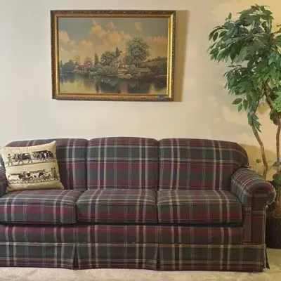 Plaid Traditional Sofa With Art Included