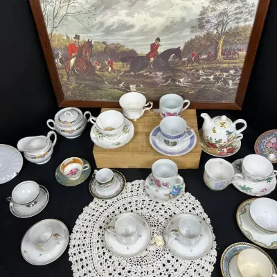 Vintage Teacup & Teapot Collection - Fine Porcelain Estate Lot with Framed Fox Hunt Art