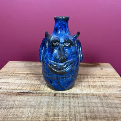 Rare Patricia Meaders Signed Cobalt Blue Stoneware Face Jug Folk Art