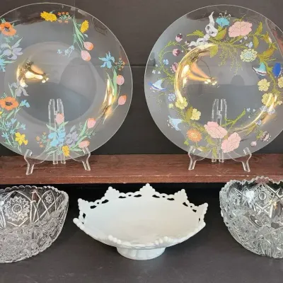Milk Glass Pedestal Dish, (2) Lead Crystal Bowls & (2) Large Floral/Glass Platters 