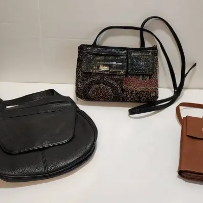 (3) Crossbody Purses - Black Leather, Tan Wallet/Cell Phone, & Maggie Barnes Colorful Multi-Pocket 
