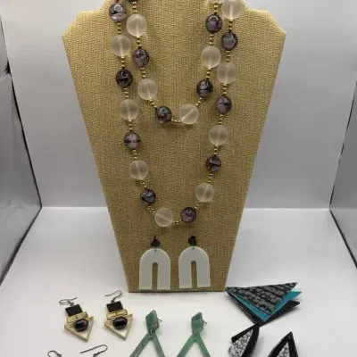 Geometric Enamel and other Earrings, Pin and Beaded Necklace 