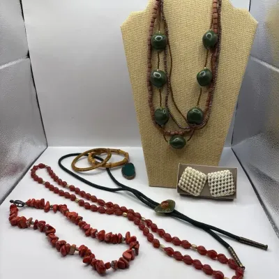 Stone Bolo Necklace, Wooden Bangles, Jasper Beaded and other Necklaces + Woven Earrings 