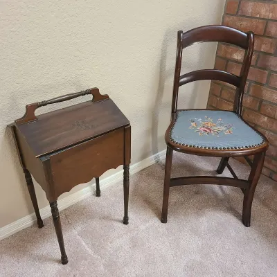 Petite Needlepoint Nailhead Chair and Sewing Box/Stand