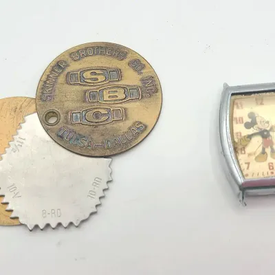 1940s Mickey Mouse Watch Face, And Vintage Skinner Pocket PipeThread Gauge
