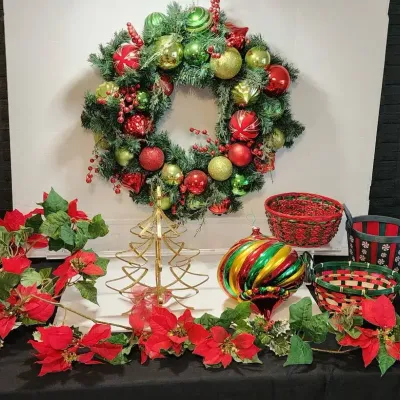 Christmas Decor (Large Wreath, Gold Tree, Garland, Ornament, Baskets) 