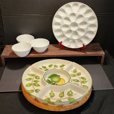 Large 6pc. "Lemon Wreath" Lazy Susan, 24-Deviled Egg Platter, & 3-Bowl Serving Dish