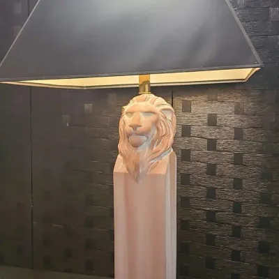 Tall Ceramic Lion Lamp with Gold Base & Black Shade