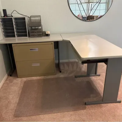 L-Shaped Office Desk, File Cabinet + Floor Mat