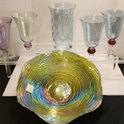 Iridescent Decor: (6) Vases & (1) Large Metallic Ripple/Swirl Glass Bowl
