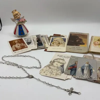 Sterling Silver and Crystal Beads Rosary + Prayer Cards, Vtg Porcelain America Angel 