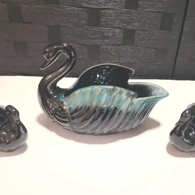 Black/Blue Ceramic Swan and Candleholders