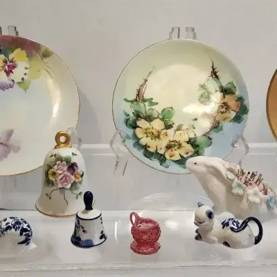 Decorative Miniatures, Gold Rimmed Plates, Bell, Trinket Dish & Pin Cushion 