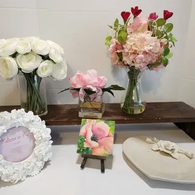 3 Faux Floral Vases (w/faux water), White Floral Photo Frame, Sculpted Rose/Heart Trivet, & Painting