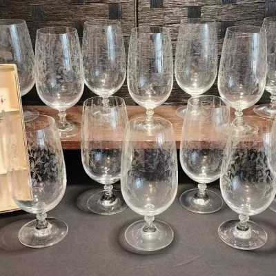 (16) Pier 1 Etched Crystal Goblets & (6) Hand-Blown Glass Swan Stirrers